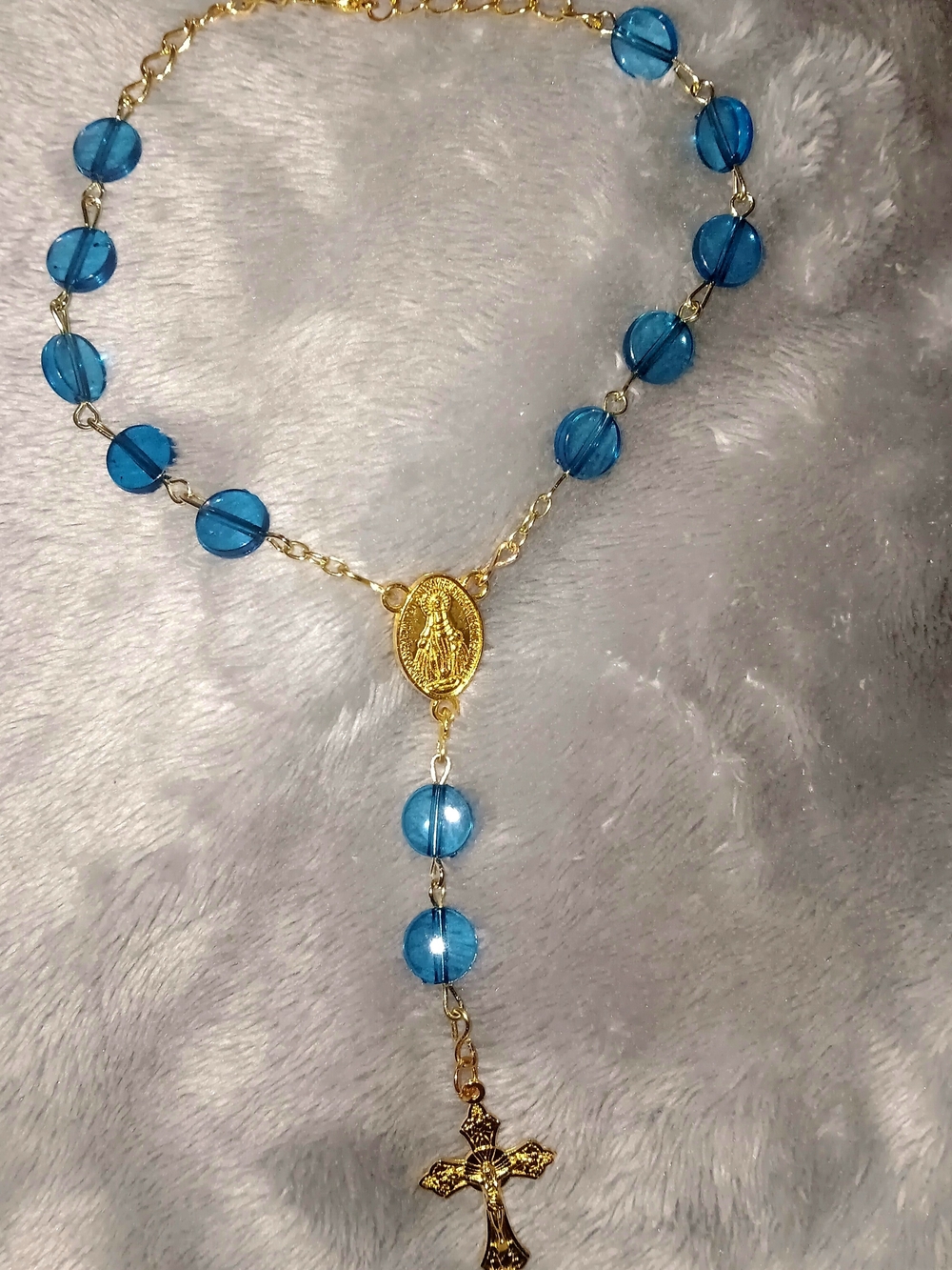 Blue Beaded Car Rosary with Gold Cross